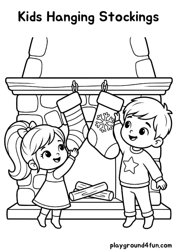 Kids Hanging Stockings Coloring Pages