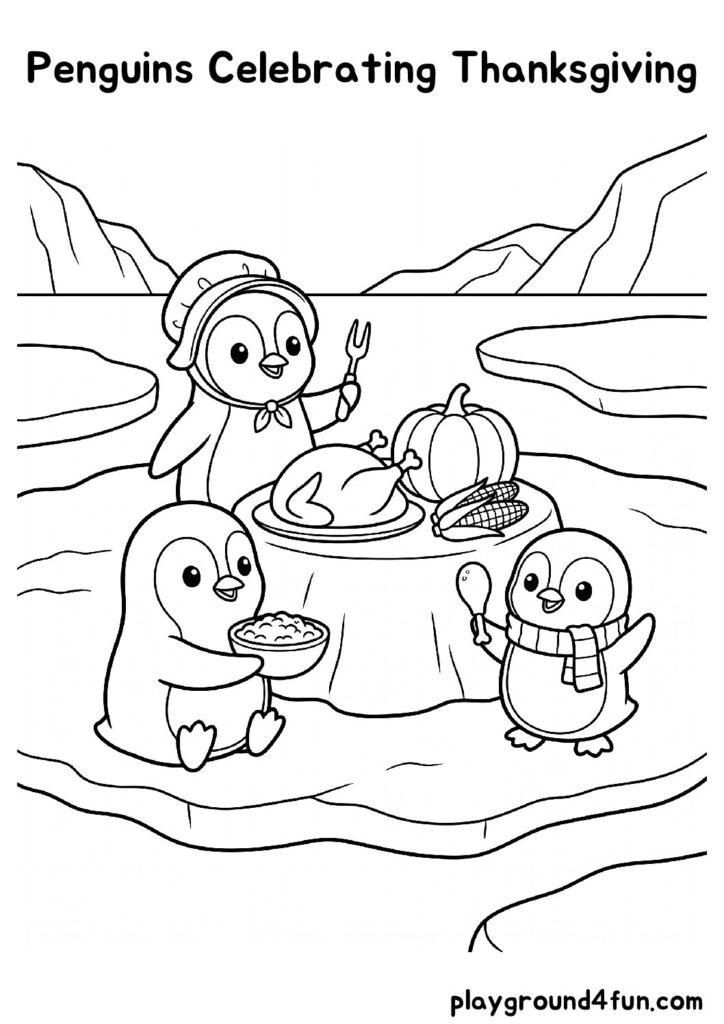 Penguins Celebrating Thanksgiving Coloring Pages
