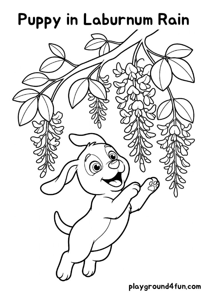 Puppy in Laburnum Rain Coloring Pages