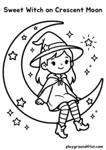 Coloring pages: Sweet Witch on Crescent Moon pdf