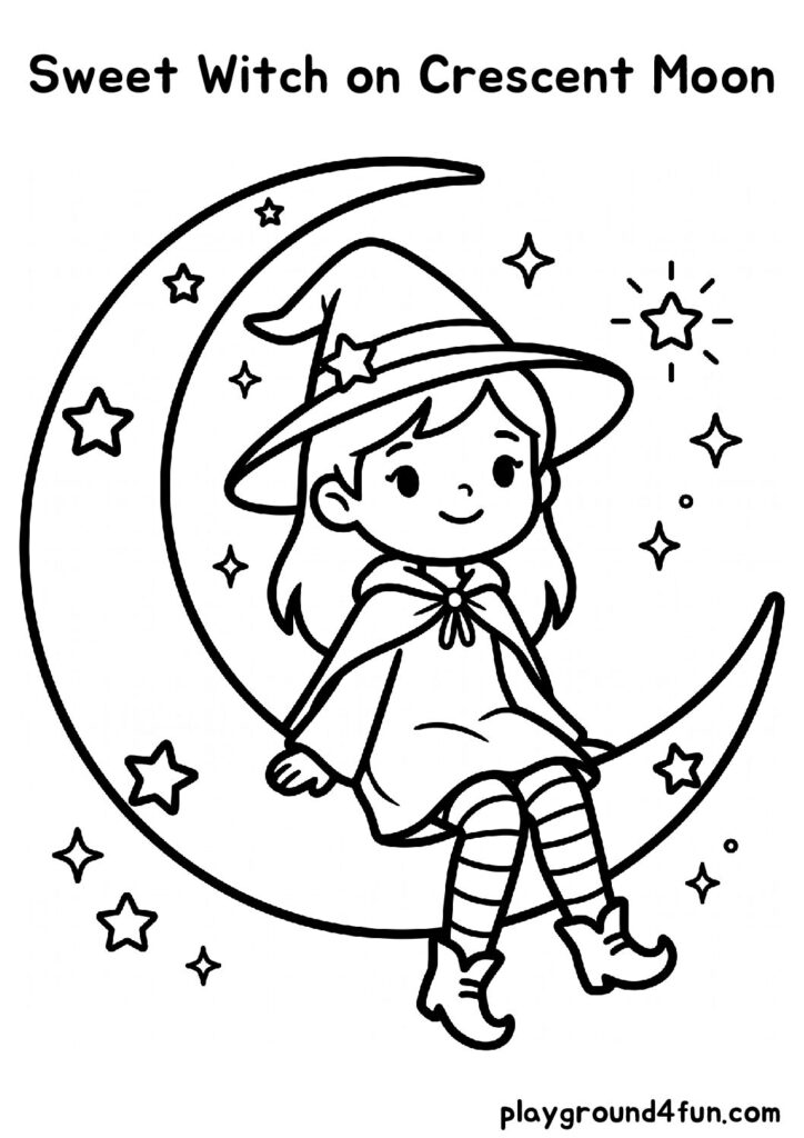 Sweet Witch on Crescent Moon Coloring Pages