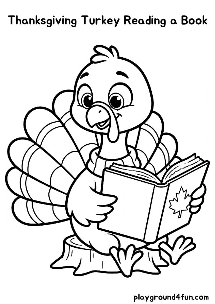 Thanksgiving Turkey Reading a Book Coloring Pages