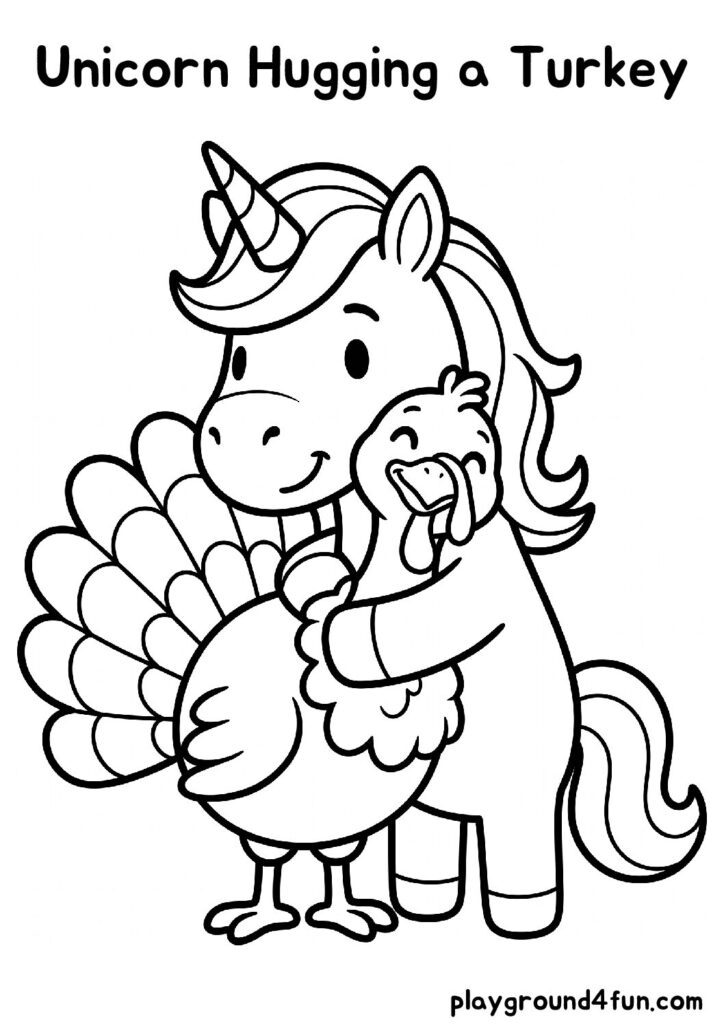 Unicorn Hugging a Turkey Coloring Pages