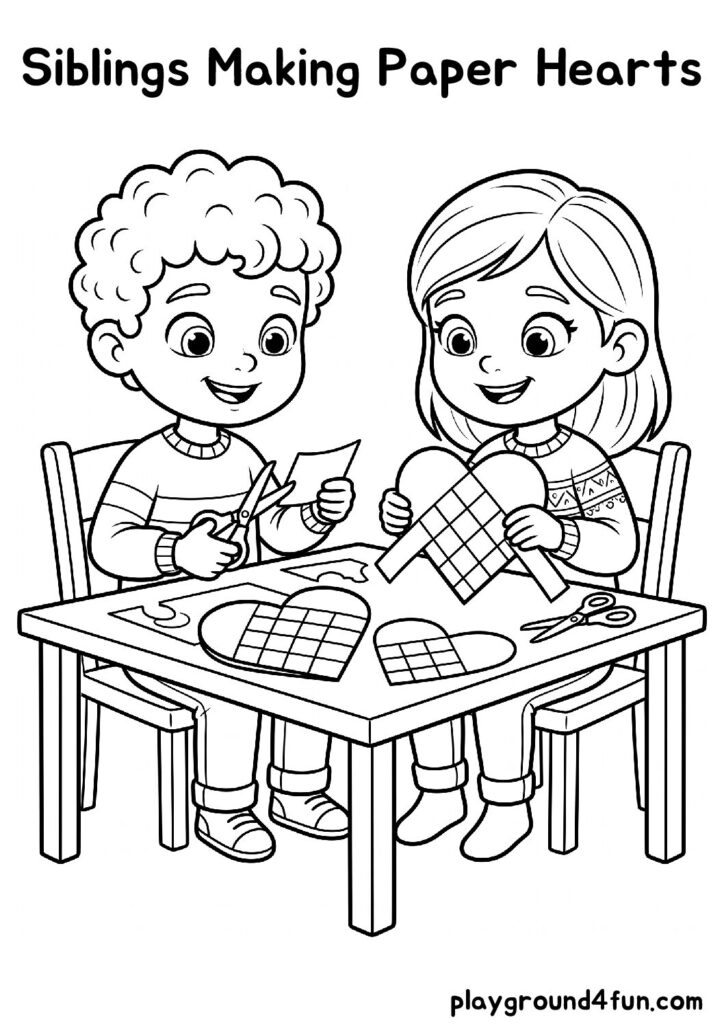 Siblings Making Paper Hearts Coloring Pages